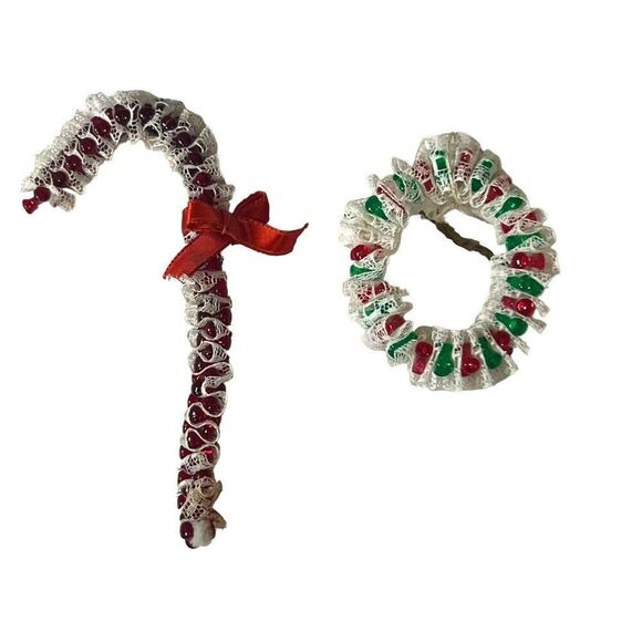 Beaded Lot 5 Handmade Christmas Ornaments Angels Santa Candy Cane Wreath Retro - Picture 8 of 15